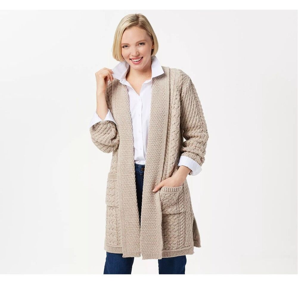 Aran Crafts Drape Front Shawl Open Cardigan Size XXL Tan Merino Wool Cable Knit